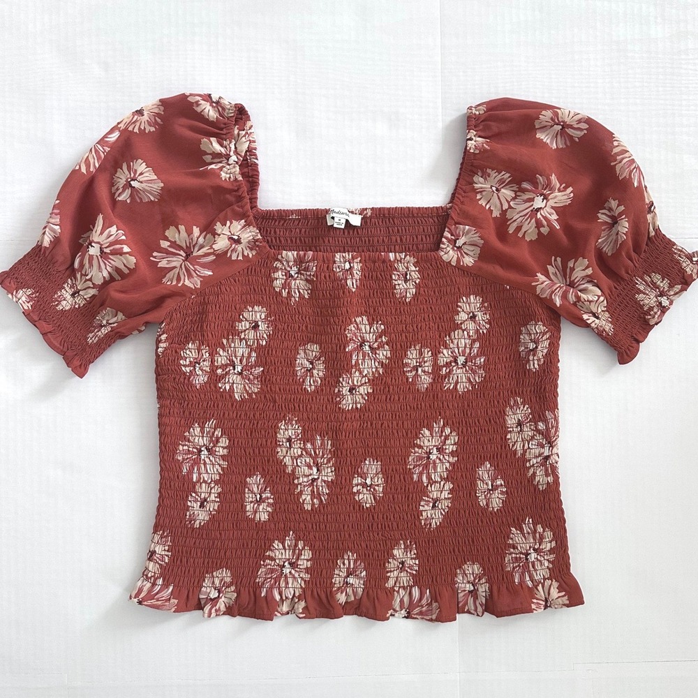 Madewell Top Womens M Smocked Puff Sleeve Floral Rust Red Boho Blouse Coquette